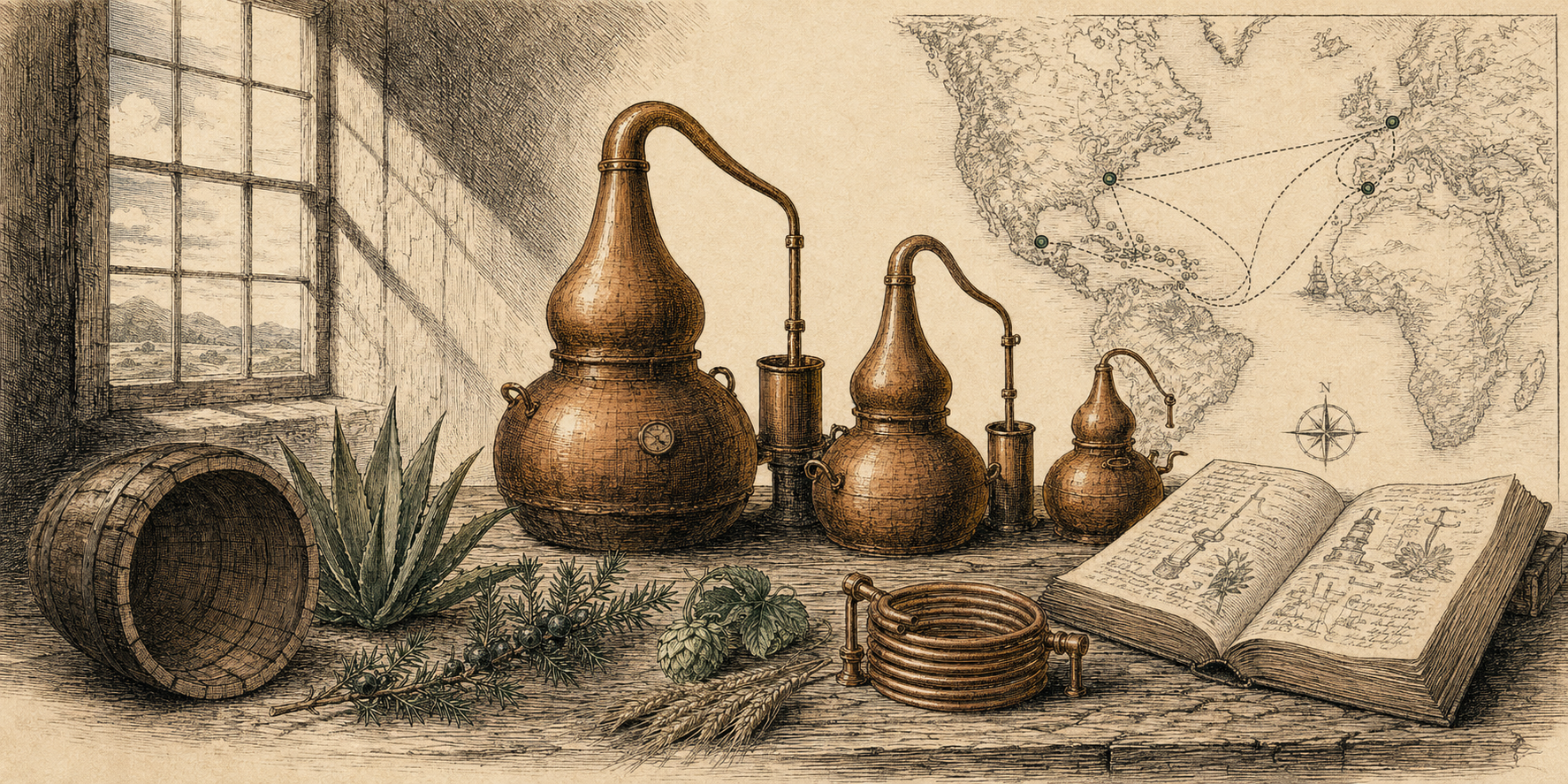 An engraved illustration of an alchemist's workspace at dusk: copper alembics, a cross-section of an oak cask, a hand-drawn world map of trade routes, botanical specimens of agave, juniper, hops, and barley.