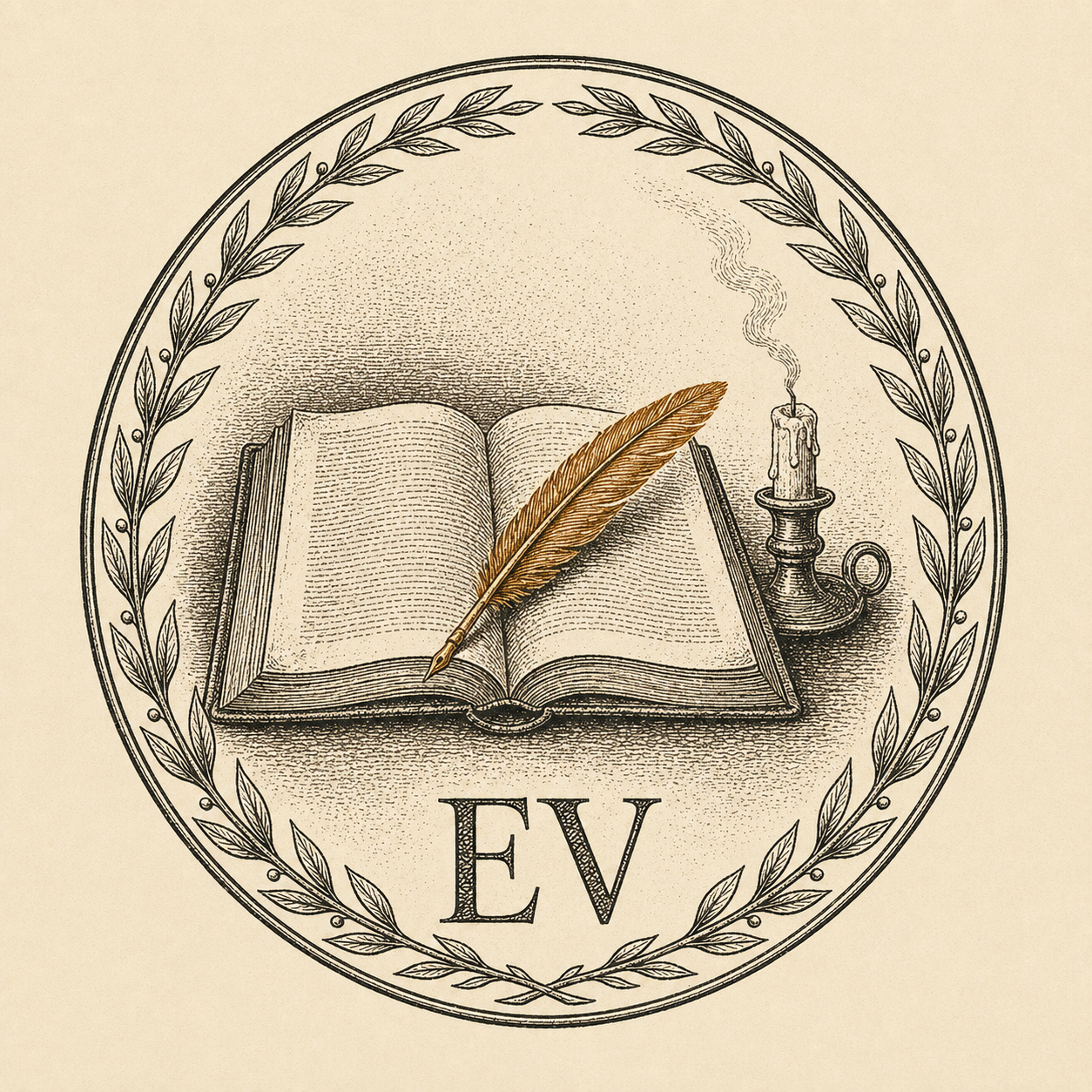 Elias Vane mark — circular EV seal with quill, smoke curl, and laurel ring